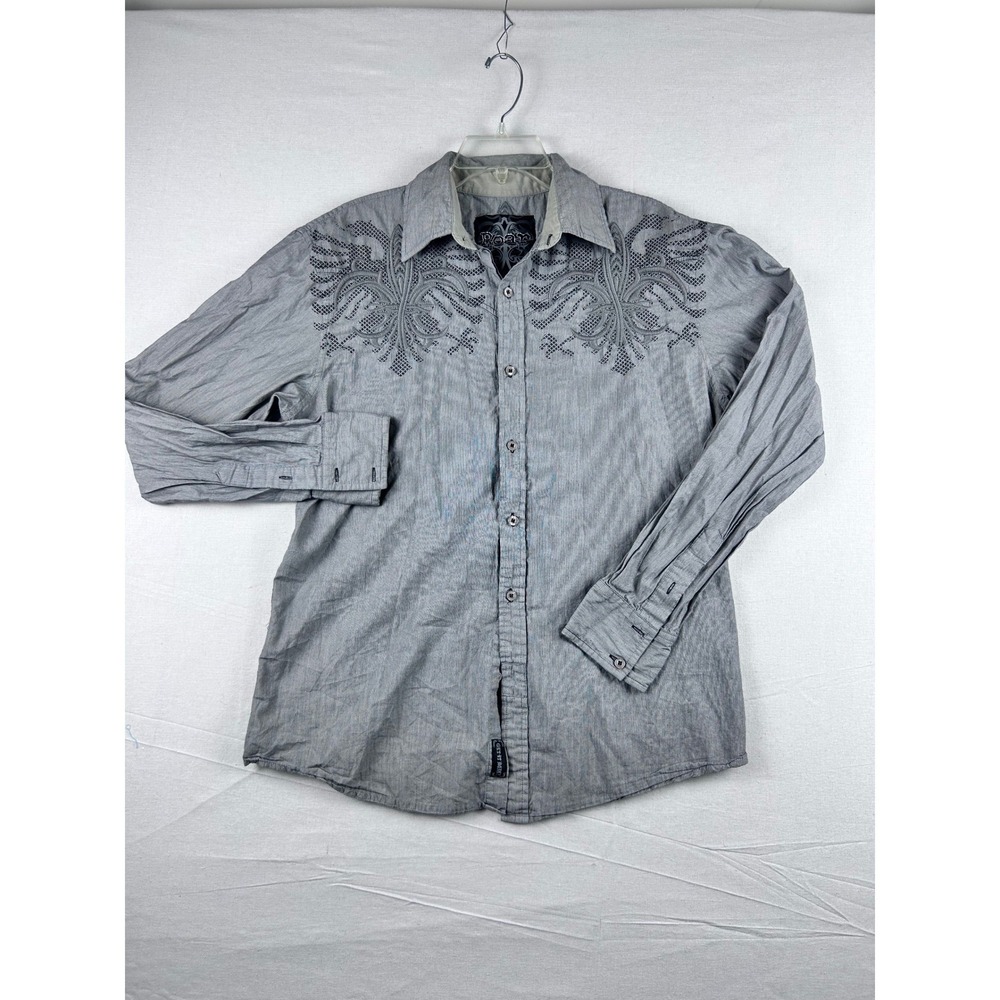Roar Mens Grey Freelife Embroidered Button Up Shirt Long Sleeve Cotton Large